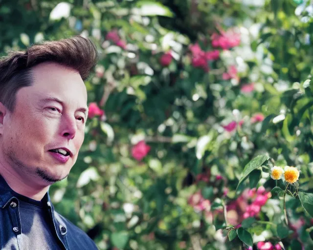 Prompt: 8 5 mm photography of elon musk as an avocado near a garden with sand with dof and bokeh and flowers