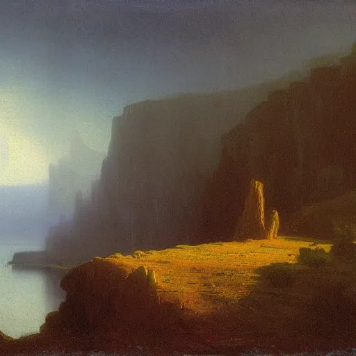 Prompt: black rainbow among cliffs, early morning, soft fog, Albert Bierstadt