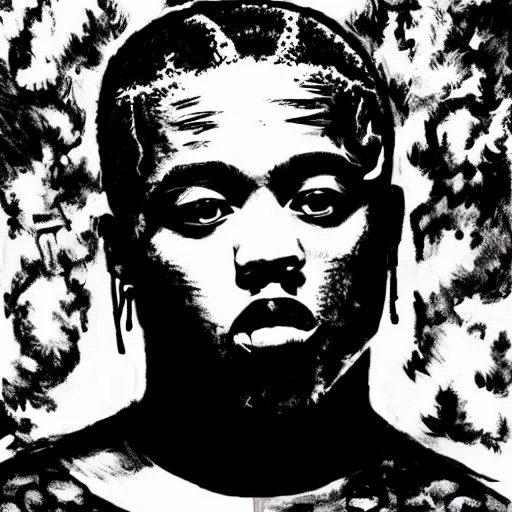 Prompt: xxxtentacion rapping with kanye black and white crosshatching manga style