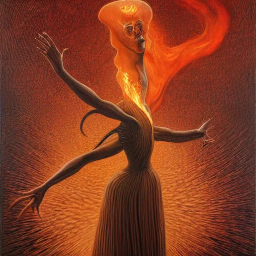 Prompt: a woman dancing with fire jacek yerka, alex gray, zdzisław beksiński, dariusz zawadzki, jeffrey smith and h.r. giger, oil on canvas, 8k highly professionally detailed, trending on artstation