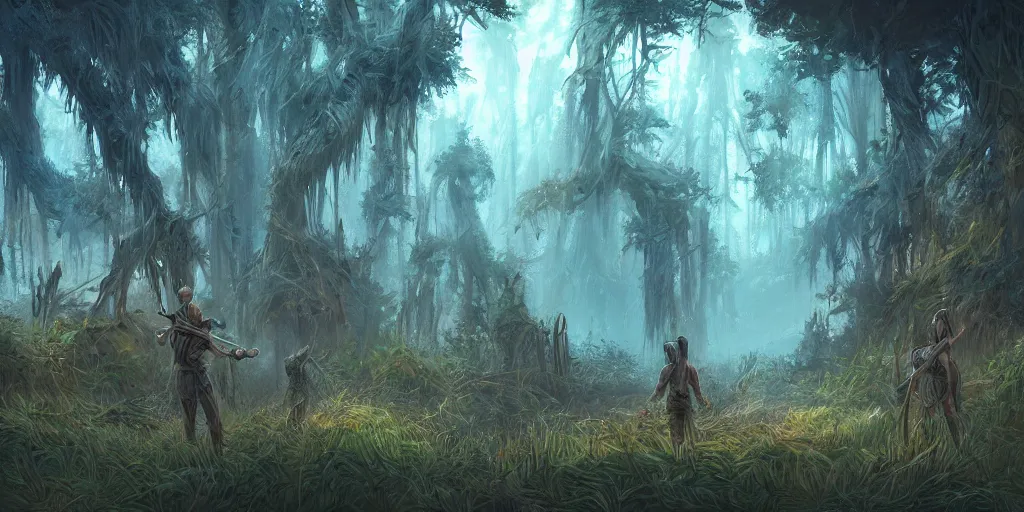 Image similar to ancient reed - people hunting in futuristic spiritual mystical post apocalyptic forest drawn by ron gilbert, dim painterly volumetric aquatic lighting, beautiful, crisp, artstation, highly detailed