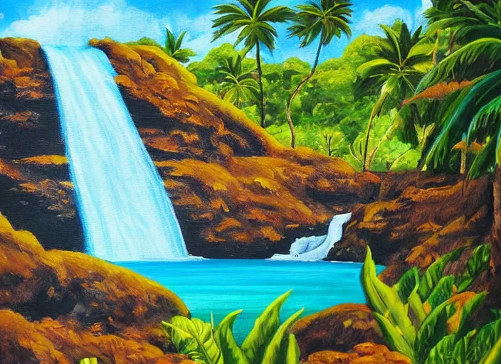 Prompt: Hawaii waterfall, Matt painting, scenic, sunny day, happy