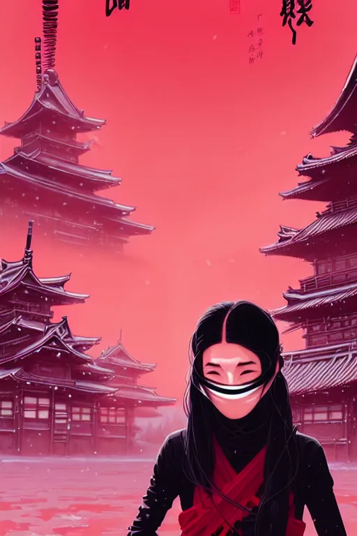 Image similar to highly detailed portrait of long ponytail black hair ninja mask female, stray wiring by atey ghailan, james gilleard, by joe fenton, by greg rutkowski, by greg tocchini, by kaethe butcher, 4 k resolution, gradient red, magenta, black and white color scheme!!! ( ( snowy ancient japan village and tokyo tower background ) )