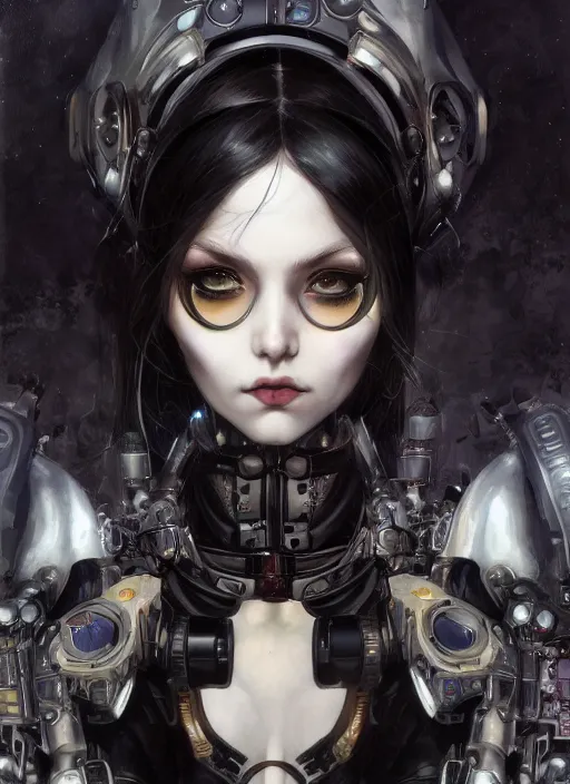 Prompt: portrait of cute beautiful young goth cyborg maiden, cyberpunk, Warhammer 40000, highly detailed, artstation, illustration, art by Gustav Klimt and Range Murata