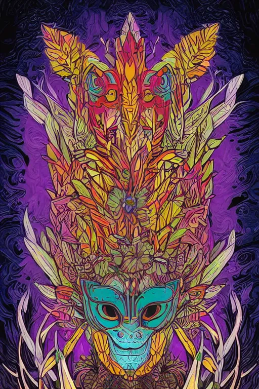 Image similar to animal mask totem roots flower tribal feather gemstone plant wood rock shaman vodoo video game vector cutout illustration vivid multicolor borderlands comics by josan gonzales and dan mumford radiating a glowing aura