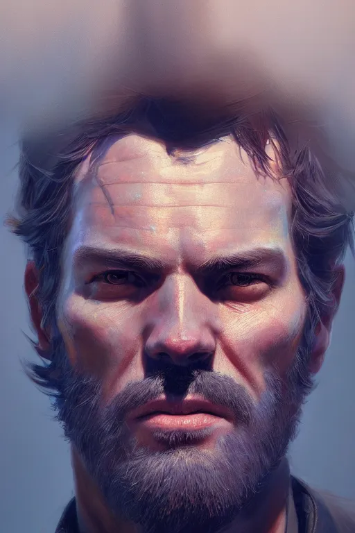 Image similar to ultra detailed facial portrait of arthur morgan, extremely detailed digital painting, in the style of fenghua zhong and ruan jia and jeremy lipking and peter mohrbacher, mystical colors, rim light, beautiful lighting, 8 k, stunning scene, raytracing, octane, trending on artstation