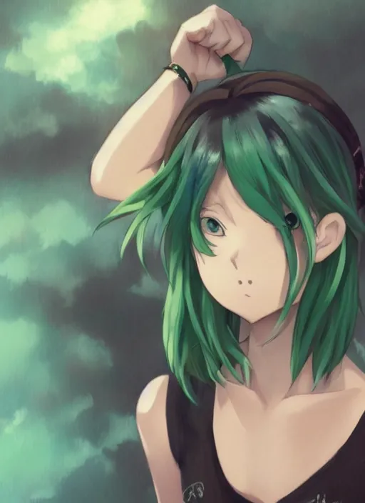 Prompt: anime girl with green hair wearing a crop top, detailed character portrait, anime style, by makoto shinkai, by wenjun lin, by studio ghibli, gorgeous face