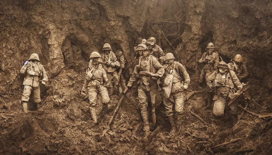 Image similar to ghosts of dead World War 1 soldiers patrolling abandoned trenches, cinematic lighting, IMAX cinematography, 35mm