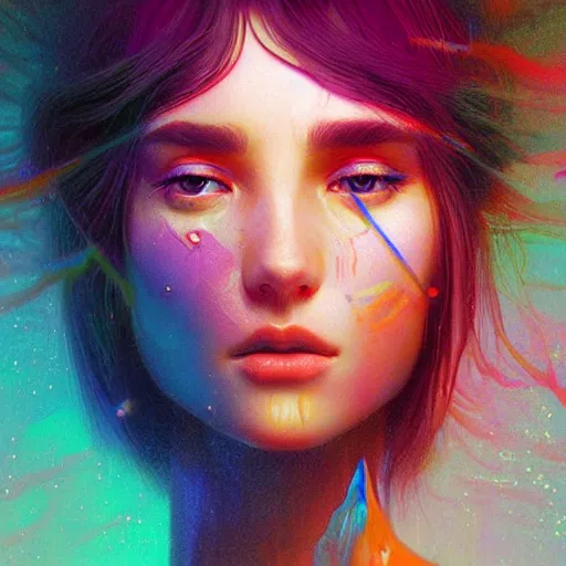 Image similar to young woman, gorgeous face, vaporwave aesthetic, synthwave, colorful, psychedelic, broken, shattered, beaten, sadness, crying, tears, artstation, concept art, smooth, extremely sharp detail, finely tuned detail, 8 k, ultra sharp focus, illustration, art by artgerm and greg rutkowski and alphonse mucha