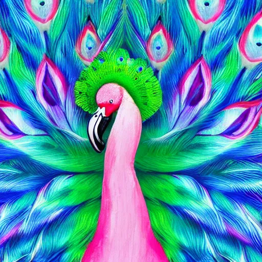 Prompt: hybrid bird pink flamingo head with blue and green peacock tail detailed oil painting 4k