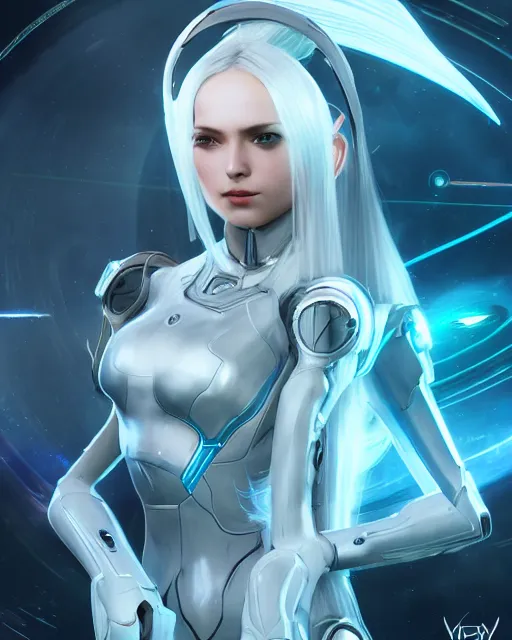 Image similar to perfect android girl on a mothership, warframe armor, beautiful face, scifi, futuristic, galaxy, nebula, raytracing, dreamy, long white hair, blue cyborg eyes, sharp focus, cinematic lighting, highly detailed, artstation, divine, by gauthier leblanc, kazuya takahashi, huifeng huang