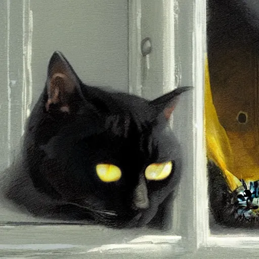 Prompt: a giant black cat with yellow eyes looking through a window at a sleeping blonde girl, detailed, Greg Rutkowski