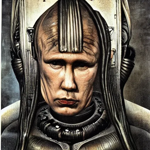 Image similar to Portrait by H.R.Giger of Putin Abomination, photo-realistic, 2K, highly detailed