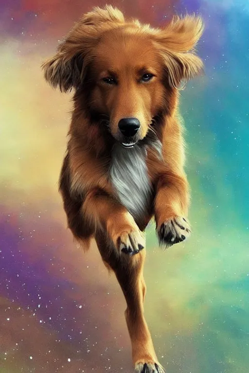 Prompt: a beautiful dog running happily towards its owners at the rainbow bridge, tall golden heavenly gates, amazing, stunning artwork, featured on artstation, cgosciety, behance