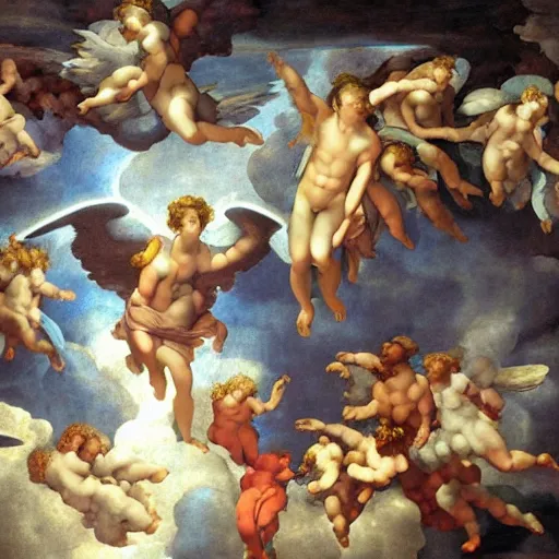 Image similar to Beautiful realistic painting of a cloudy sky with angels, electric storm, monotonous, volumetric light, ultradetailed, surrealism by Michelangelo