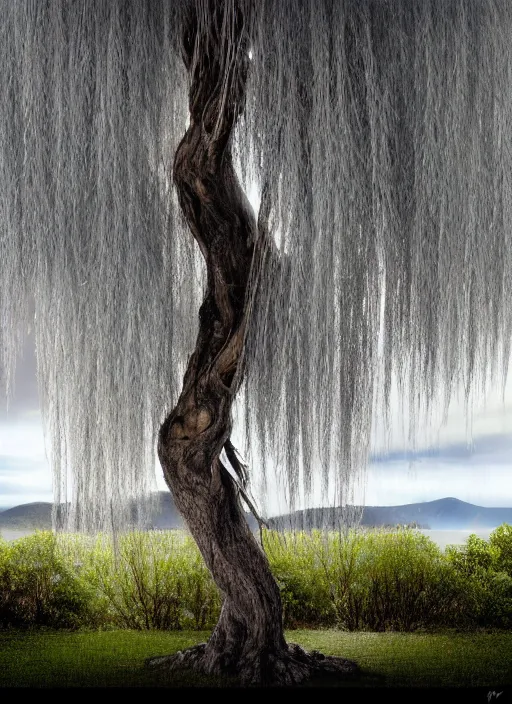 Image similar to nature photograph of a weeping willow with black bark and silver leaves sitting on a cliff in the distance in the style of stefan kostic, realistic, half body shot, sharp focus, 8 k high definition, insanely detailed, intricate, elegant, art by stanley lau and artgerm, luis royo, cloudy background