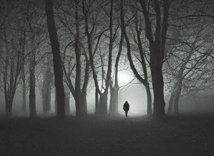 Prompt: A man walks through a path of dead leaves, his figure barely illuminated by a sliver of moonlight. The scene is eerie and creepy, with a synthwave aesthetic adding to the feeling of unease. The chiaroscuro lighting creates a sense of foreboding, evoking the films of David Cronenberg. The leaves crunch underfoot, and the man's breath is visible in the cold night air.