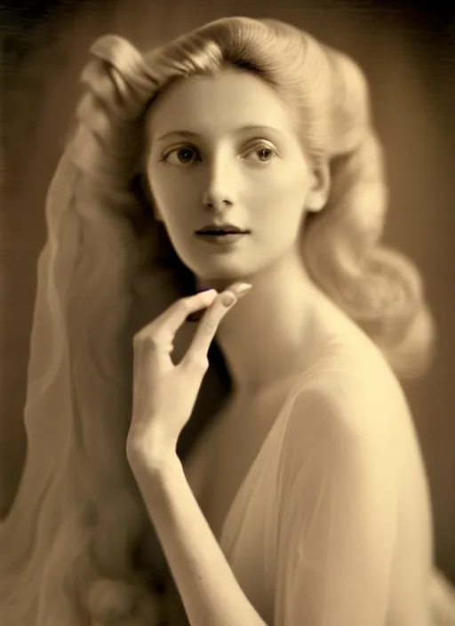 Image similar to portrait photography of a beautiful woman, in style photography of Cecil Beaton, rose huntington whitely style 3/4 , natural color skin pointed in rose, long hair with ornamental hairstyle, full body dressed with a ethereal transparent voile dress, elegrant, 8K, soft focus, melanchonic rose soft light, volumetric dramatic lighting, highly detailed Realistic, hyper Refined, Highly Detailed, natural point rose', indoor soft lighting, soft delicate lighting colors scheme, soft blur lighting, fine art fashion photography