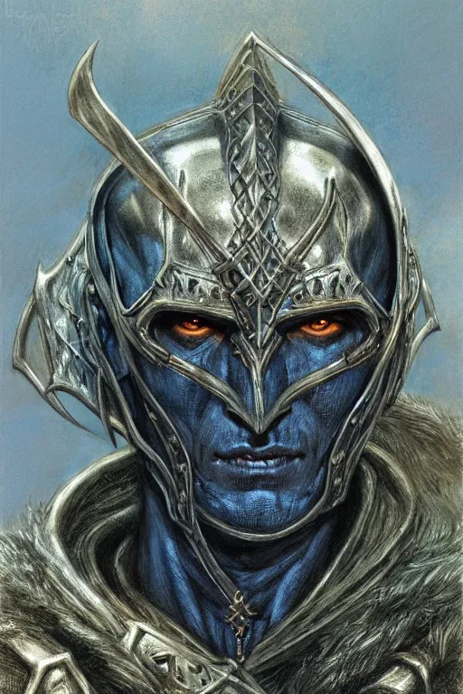 Image similar to head and shoulders portrait of an eldritch knight, drow, dark elf, shadar kai, male, breastplate, magical, high fantasy, d & d, by donato giancola, face details, extremely detailed, vogue fashion photo