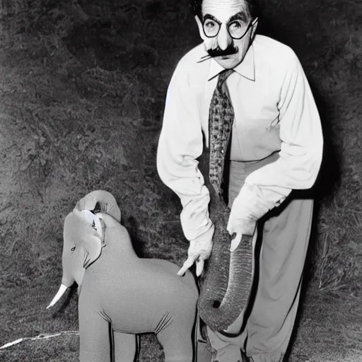 Prompt: Groucho Marx seeing an elephant in his pajamas