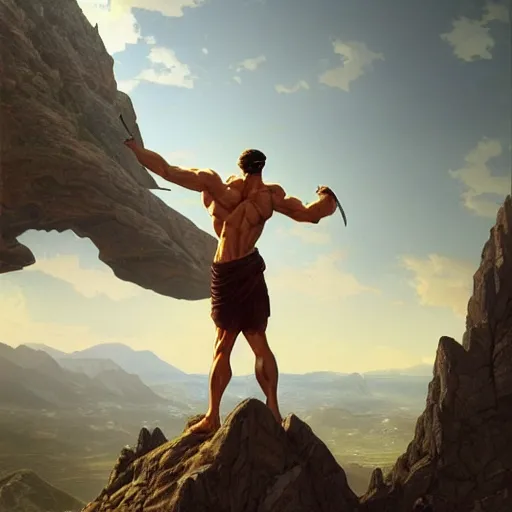 Image similar to ultra realistic illustration, a very tall and muscular gigachad flexing on top of a mountain, intricate, elegant, highly detailed, digital painting, artstation, concept art, smooth, sharp focus, illustration, art by artgerm and greg rutkowski and alphonse mucha