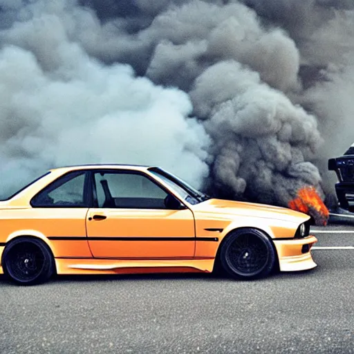 Image similar to bmw m 3 e 3 0, spewing black smoke from exhaust, angry greta thunber in foreground