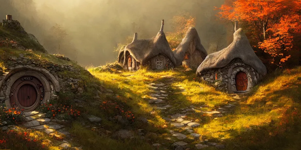 Image similar to a hobbit cottage on top of a steep hill, greg rutkowski, zabrocki, moebius, karlkka, jayison devadas, highly detailed, autumn sunlights, smoky atmosphere, ( ray of sunlight ), trending on artstation, sharp details, 8 k, ultra wide angle, zenith view, lens effect