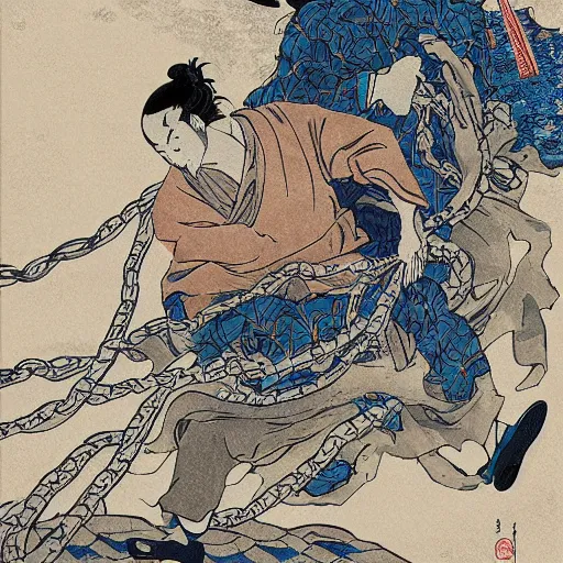 Image similar to by hokusai, samurai man vagabond, the samurai is wrapped in chains, detailed, editorial illustration, matte print, concept art, ink style, sketch, digital 2 d