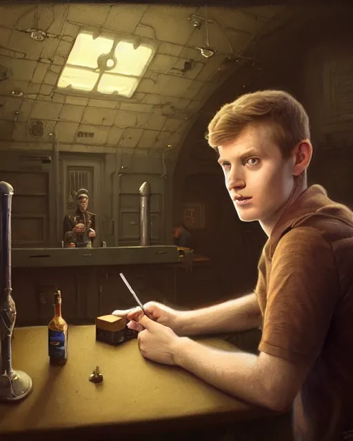 Image similar to medium - shot vislor turlough played by mark strickson at age 1 8, beautiful, thoughtful, with a sketchbook, at the alien space pub bar counter, android bartender, highly detailed, mood lighting, artstation, highly detailed digital painting, smooth, global illumination, fantasy art by greg rutkowsky, karl spitzweg, leyendecker