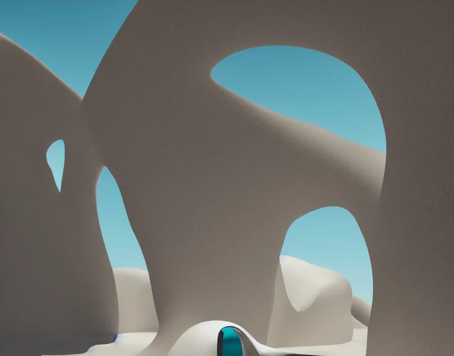 Prompt: desert, white minimalist architecture, stone grotto in the center, portal. zaha hadid, oscar niemeyer, architectural rendering. trending on artstation. vogue magazine. halo. octane rendering, cinematic, hyperrealism, bokeh. iridescent accents. teal gold and blue color scheme