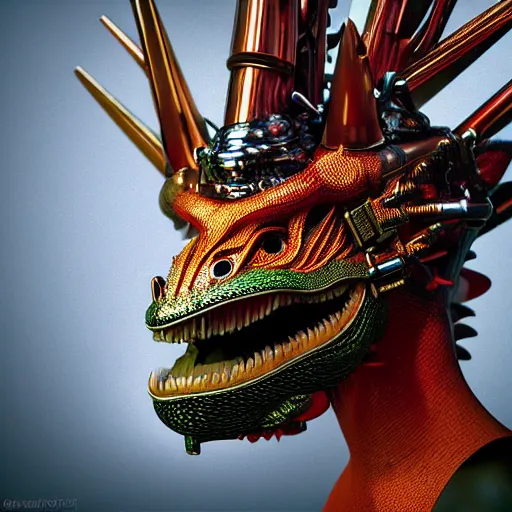 Prompt: hyperrealism aesthetic close - up photography computer simulation visualisation in araki nobuyoshi style of parallel universe surreal movie scene with detailed stylish medieval dragon wearing neorofuturistic sci - fi crown designed by josan gonzalez. hyperrealism photo on pentax 6 7, by giorgio de chirico volumetric natural light rendered in blender