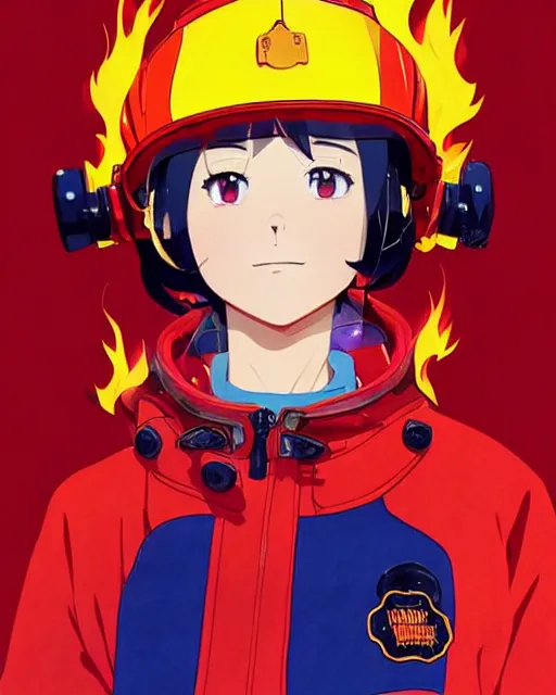 Image similar to fireman, cool pose, fire jacket, helmet, covered in beautiful flames!!! | | very very anime!!!, beautiful fine - face, audrey plaza, realistic shaded perfect face, fine details. anime. realistic shaded lighting poster by ilya kuvshinov katsuhiro otomo ghost - in - the - shell, magali villeneuve, artgerm