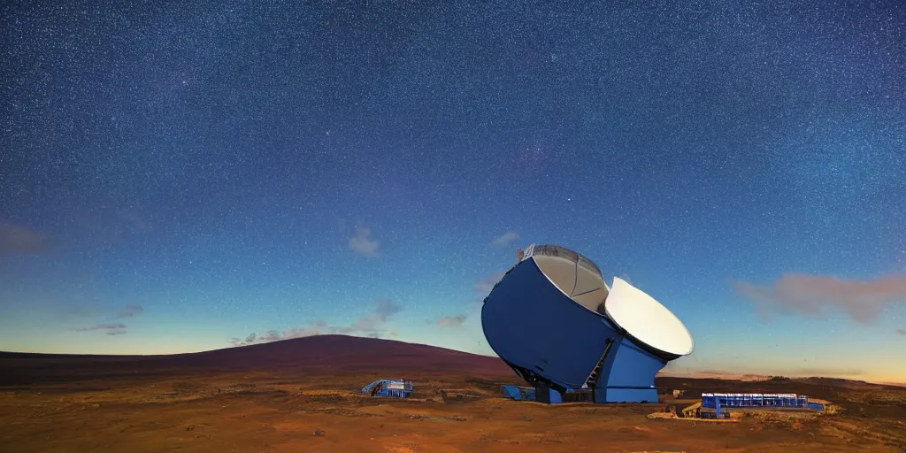 Image similar to huge telescope on mauna kea, big telescope in front, starry sky in background, blue color scheme, wide - angle lens, by hiroshige utakawa