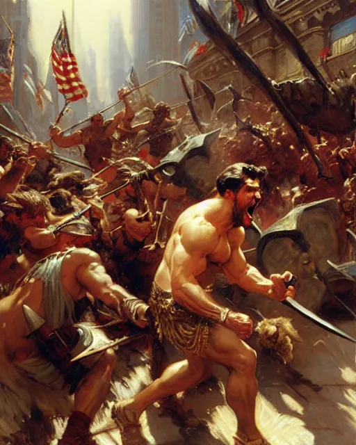 Image similar to a fierce barbarian yelling at stock brokers on wall street, painting by gaston bussiere, craig mullins, j. c. leyendecker