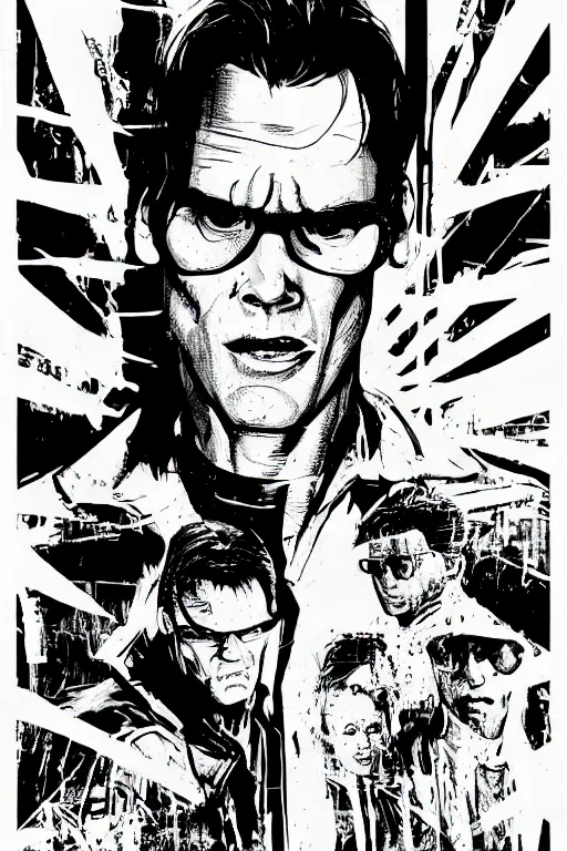 Image similar to jim carrey in the matrix, a page from cyberpunk 2 0 2 0, style of paolo parente, style of mike jackson, adam smasher, johnny silverhand, 1 9 9 0 s comic book style, white background, ink drawing, black and white