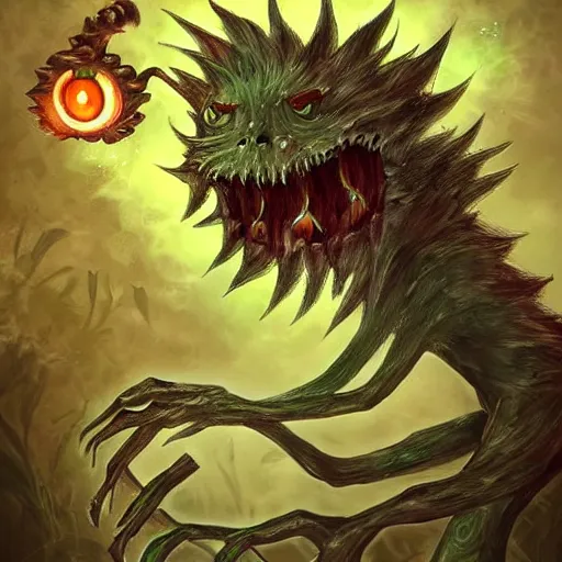 Image similar to A fierce plant monster with amber eyes, trending on art station