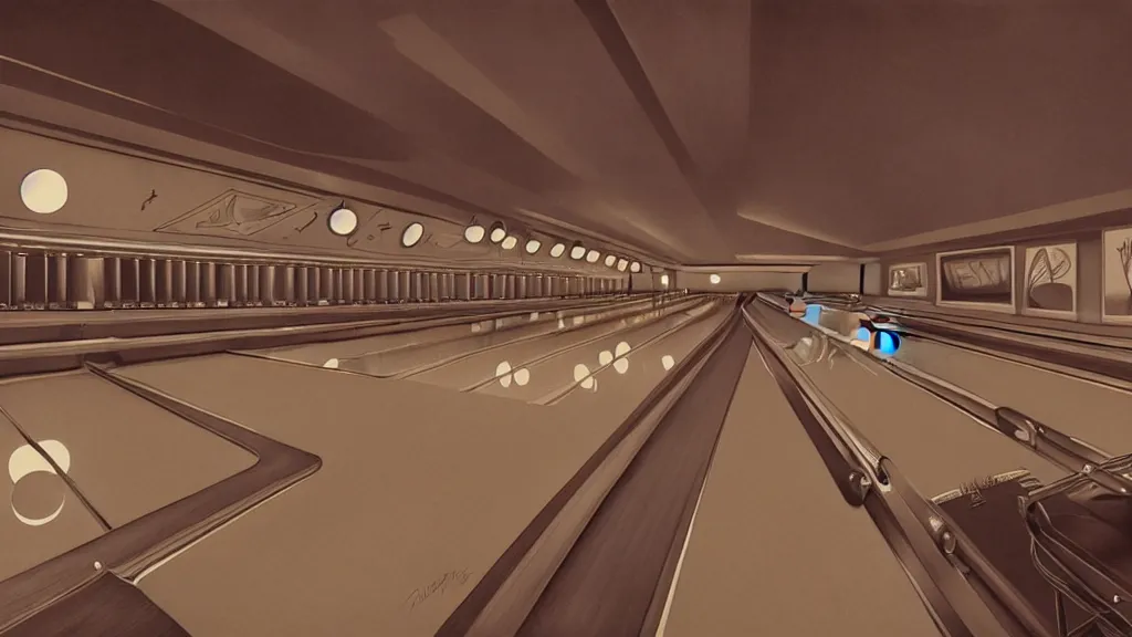 Image similar to art deco bowling alley, ultra detail, photoreal, soft moonlight lighting, realistic, wide angle, sharp focus, 8 k high definition, insanely detailed, intricate, elegant, art by artgerm and wlop