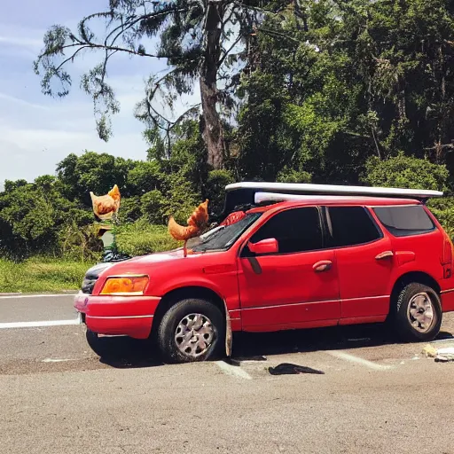 Prompt: chicken on top of a car