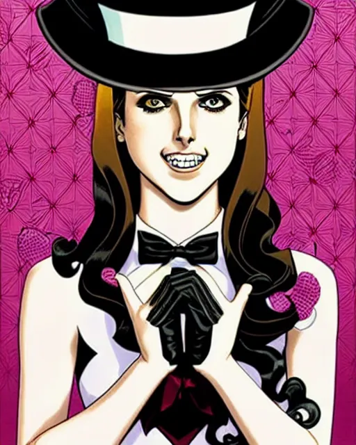 Prompt: beautiful Anna Kendrick Zatanna DC Comics floating on stage, wearing a top hat, symmetrical face symmetrical eyes, smiling, fantasy, intricate details, atmospheric, art by eiichiro oda, Joshua Middleton art