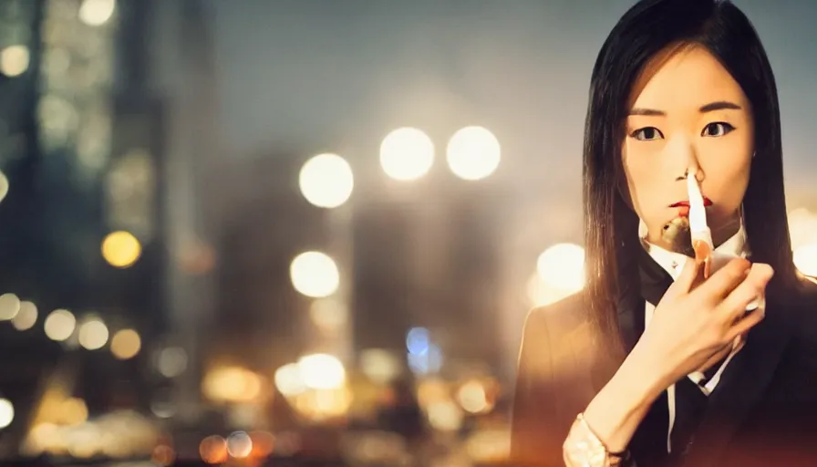 Prompt: a beautiful woman smoking, dressed in a suit, street at night, asian, long black hair, guweiz