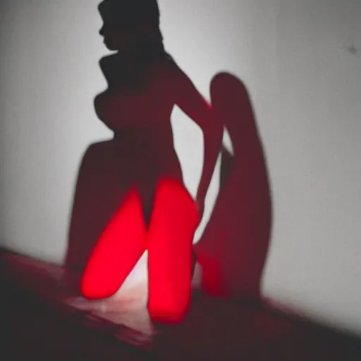 Prompt: red light defines her beautiful shape in the shadow she casts on the floor below