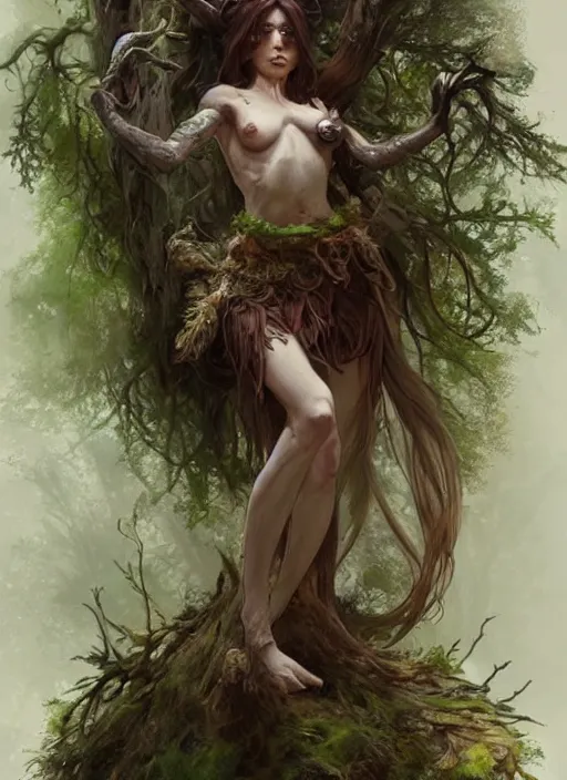 Prompt: a woodland spirit made from wood and moss, beautiful high quality realistic fantasy art, trending on artstation by artgerm and greg rutkowski and alphonse mucha