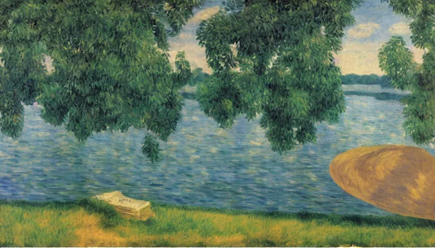 Image similar to and it used to be for a while that the river flowed right to my door making me just a little too free but now the river doesn't seem to stop here anymore, by magritte, renoir, colorful, impressionist