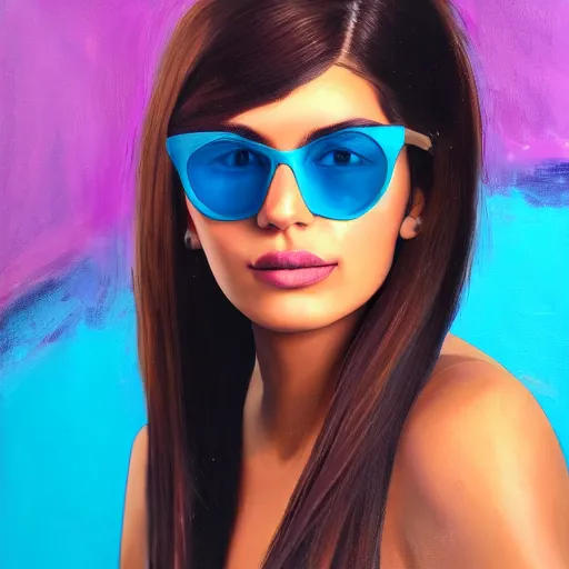 Image similar to closeup painting of a very beautiful young mexican woman with light blue shutter shades, one side haircut, long brown hair with light blue ends, purple leather jacket