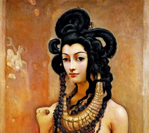 Image similar to an oil painting a queen with curly dark hair, by nicholas roerich, by gustave moreau, by james hawe, by frank frazetta!!, by georgia o keeffe, highly detailed, realistic, realism, manierism, oil painting