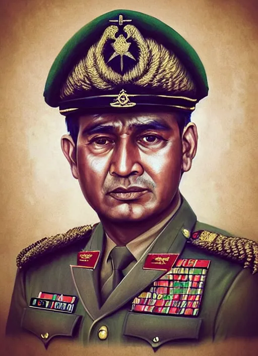 Prompt: highly detailed portrait of a bangladesh army general, photographic realistic background on thick paper, by greg rutkowski, by greg tocchini, by joe fenton, by nikkohurtado, by den _ yakovlev, by niki 2 3 gtr, by sivak _, by tonysantos, trending on instagram, award winning details