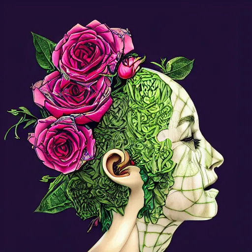 Prompt: the anatomy of a head of lettuce with roses that resemble a beautiful girl, an ultrafine detailed illustration by james jean, intricate linework, bright colors, final fantasy, behance contest winner, vanitas, angular, altermodern, unreal engine 5 highly rendered, global illumination, radiant light, detailed and intricate environment