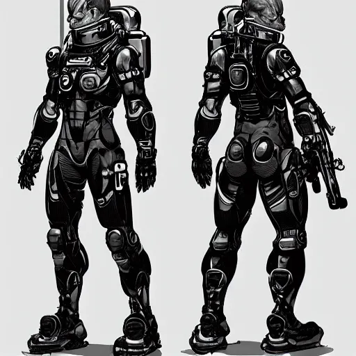 Image similar to Front, side and back character view of Astronaut from Kojima Productions by Yoji Shinkawa with Artgem and Donato Giancola, trending on Artstation concept arts