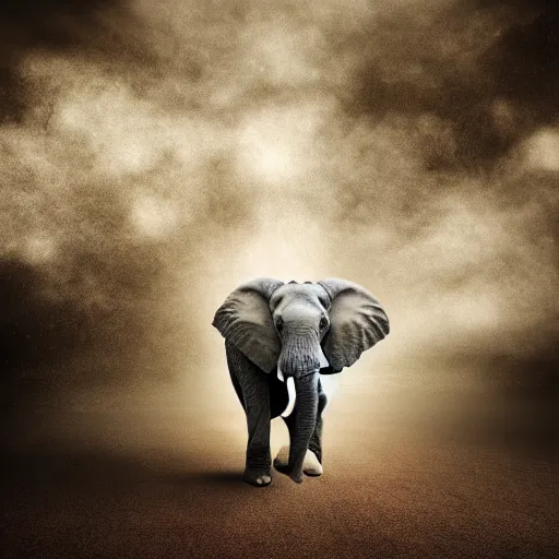 Image similar to an elephant turning into dust in the air, photorealistic