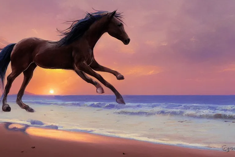 Image similar to a horse running on the beach at sunset by greg rutkowski